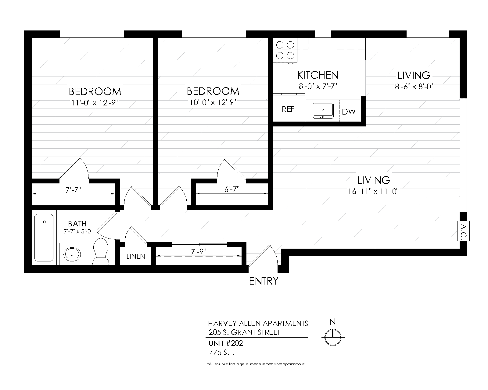 Floor plan for 2 beds, 1 bath, 830 sqft